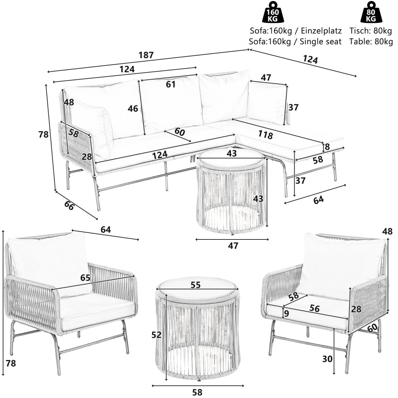 Gartenlounge-Set, Gartenmöbel-Set, Mit Eisenrahmen und grauem Seil, Gartenmöbel aus gewebtem Seil für den Außenbereich, Grau, Zwei Sessel, zwei 2-Sitzer-Sofas und zwei Tische (alle Kissen inklusive)