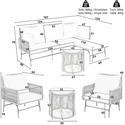 Gartenlounge-Set, Gartenmöbel-Set, Mit Eisenrahmen und grauem Seil, Gartenmöbel aus gewebtem Seil für den Außenbereich, Grau, Zwei Sessel, zwei 2-Sitzer-Sofas und zwei Tische (alle Kissen inklusive)