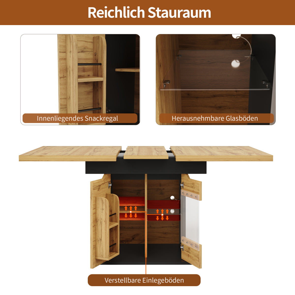 Ausziehbarer Esstisch 110-140x80cm mit LED-App-Steuerung & USB, Küchentisch Schwarz/Natur mit Glas-Schranktüren & Snackregal