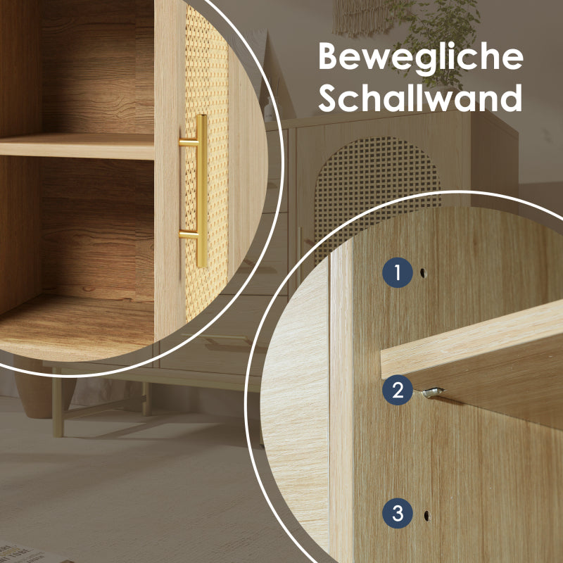 Rattan kommode mit 3-Schubladen und 2-Rattan-Türer,kommode schrank, Schminktisch, für Schlafzimmer und Wohnzimmer, Verstellbare Regale, Kippschutz, 120 x 40 x 74 cm, Sonoma Eiche