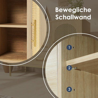 Rattan kommode mit 3-Schubladen und 2-Rattan-Türer,kommode schrank, Schminktisch, für Schlafzimmer und Wohnzimmer, Verstellbare Regale, Kippschutz, 120 x 40 x 74 cm, Sonoma Eiche