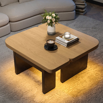 Moderner Couchtisch mit LED-Design aus umweltfreundlichem Holz, 2-in-1-Design, weiche Rundungen, höhenverstellbare Füße
