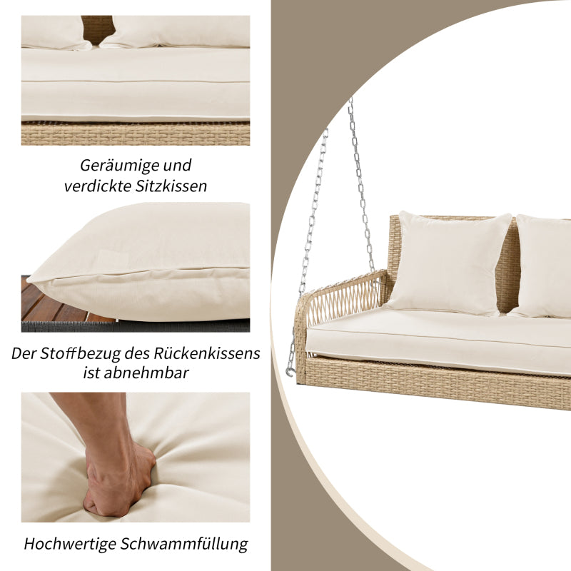 Hollywoodschaukel, Gartenschaukel, Gartenmöbel-Set für den Außenbereich, Beiges Rattan, beiges Sitzkissen, 2 Sitze, mit Sitzkissen und Rückenkissen, abnehmbar und waschbar