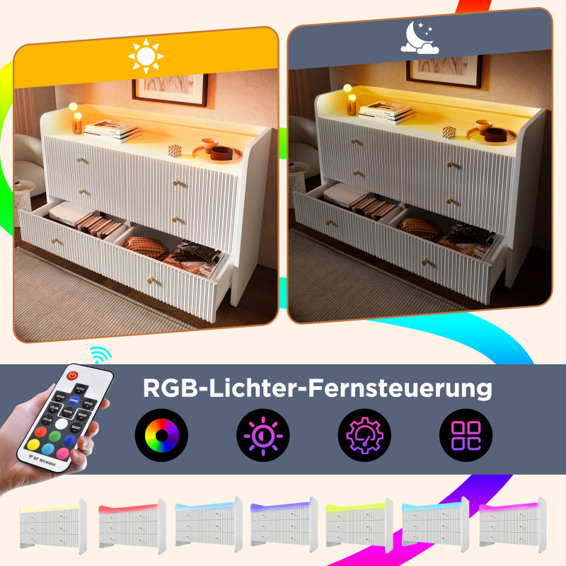 Sideboard, Kommode mit LED-Beleuchtung und 6 Schubladen, Wellenförmiges Rillendesign, Moderner Schrank für Wohnzimmer und Schlafzimmer, 120x40x75cm, Weiß