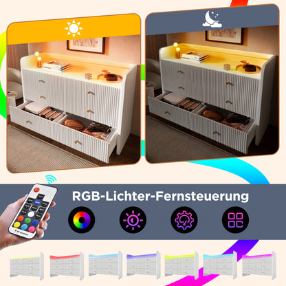 Sideboard, Kommode mit LED-Beleuchtung und 6 Schubladen, Wellenförmiges Rillendesign, Moderner Schrank für Wohnzimmer und Schlafzimmer, 120x40x75cm, Weiß