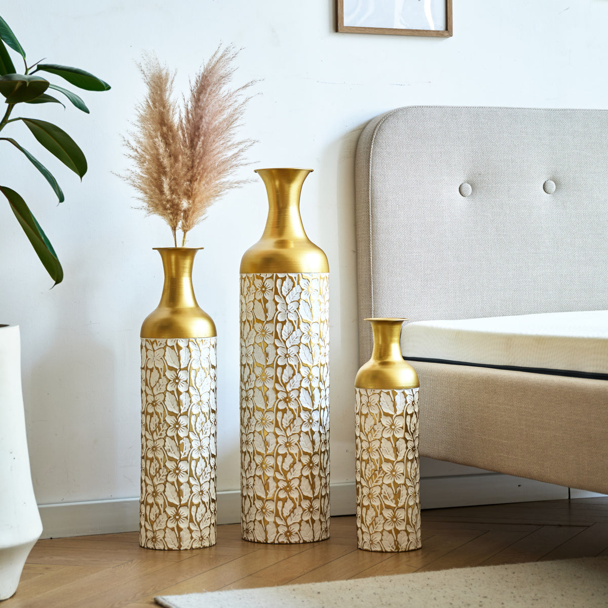 3er Set Bodenvase Metall, Weiß-Gold, Retro Stil, 83/65/50 cm hoch