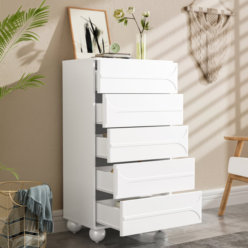 Kommode mit 5 Schubladen und elegantem Prägedesign – weiße Metallfüße, großzügiger Stauraum, abgerundete Ecken