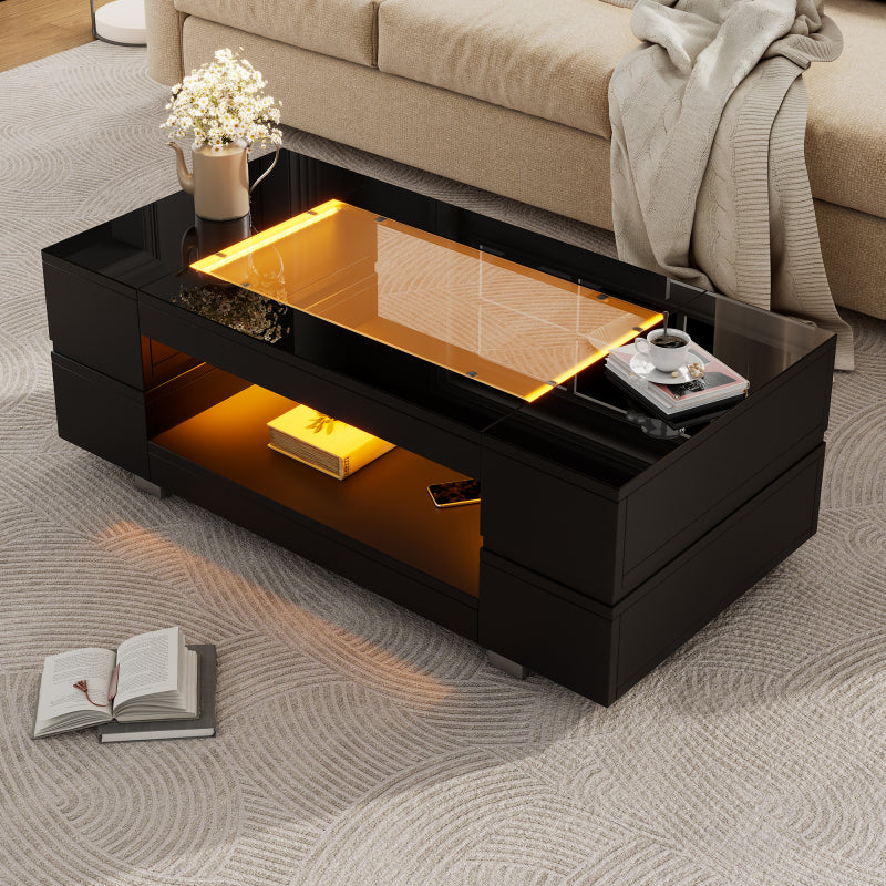 Schwarzer LED-Couchtisch mit Bluetooth-App-Steuerung, doppelschichtiger Hochglanz-Hohldesigntisch, geeignet für Partys, Büros, Wohnzimmer