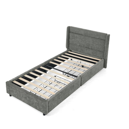 Einzelbett 90×200 cm mit Chenille-Oberfläche & 2 Schubladen, stabiles Bettgestell aus Holz/Metall, ideal für Kinder-, Jugend- & Gästezimmer, Gray (ohne Matratze)