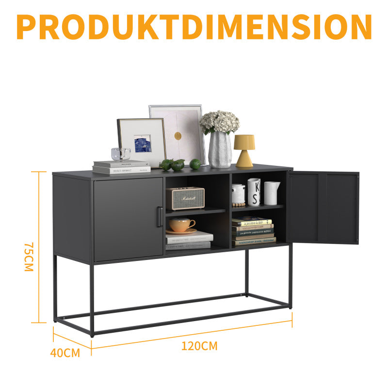 Schwarzer Metall-Akzent-Schrank, Sideboard-Buffet und Aufbewahrungs-Schrank-Safe, Robuster Metallbau mit stilvollem Schwarz, H 75 cm × B 120 cm × T 40 cm