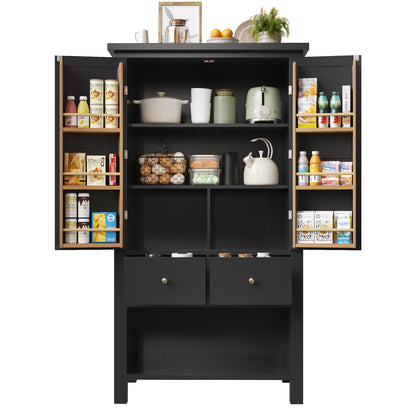 Küchenschrank 140cm hoch, Buffet-Schrank mit 2 Türen & 5 Schubladen, Mehrzweckschrank Schwarz, Sideboard Vorratsschrank mit Kippschutz, 80x40cm