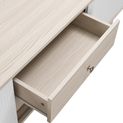 TV-Schrank mit zwei Schubladen, Fernsehtisch TV Board, TV- Lowboard niedrige Platte mit zwei Schiebetüren. Exquisite Textur. Weiß und natürliches Holzfarbe. H58/L160/T40 cm.