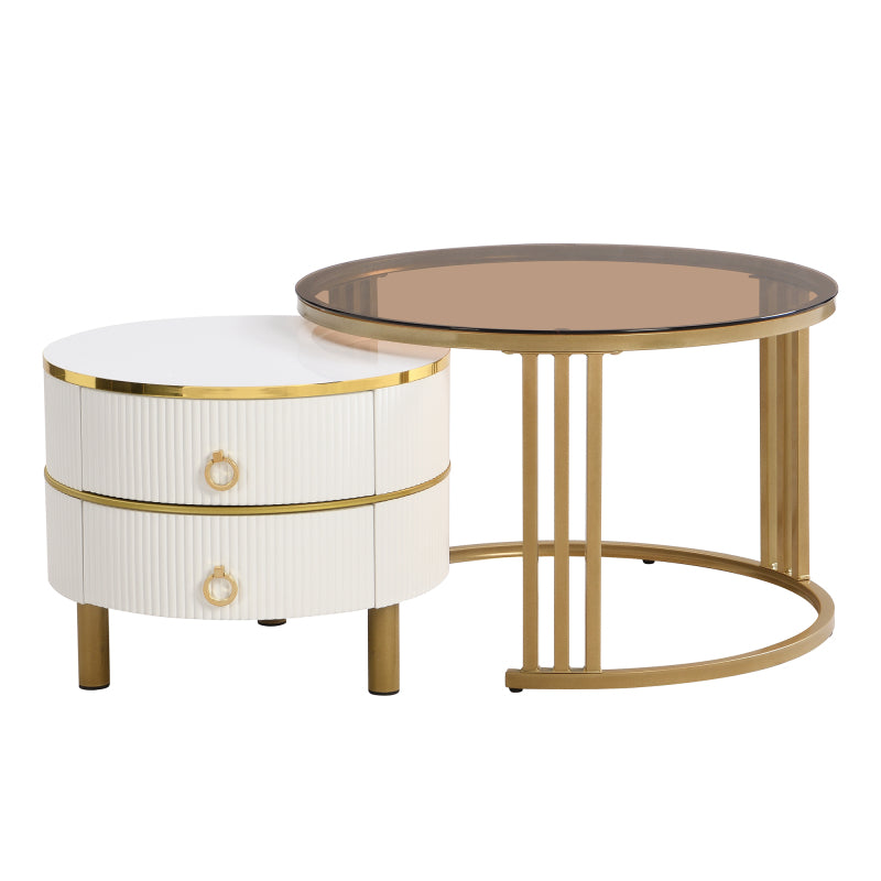 2-in-1 runder Couchtisch aus MDF, Beistelltisch mit 1 weißen Platte und 1 braunen Platte aus gehärtetem Glas, Couchtischkombination mit 2 Schubladen für das Wohnzimmer, 70*70*45 + 50*50*40 cm