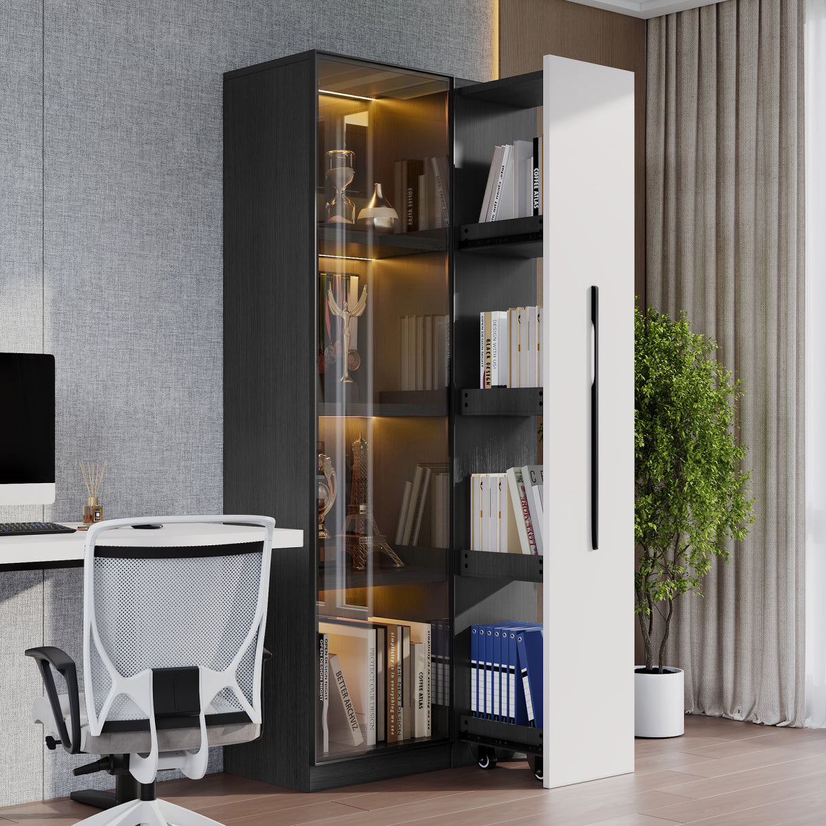 Multifunktionsschrank 70x40x160cm - LED Vitrine mit Glastür aus gehärtetem Glas & Aluminiumrahmen, Seitenauszug auf Rollen, Schwarz-Weiß