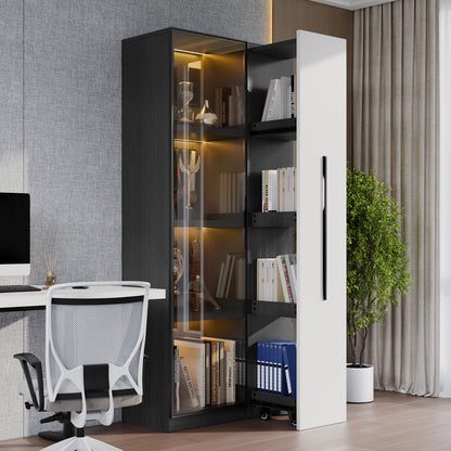 Multifunktionsschrank 70x40x160cm - LED Vitrine mit Glastür aus gehärtetem Glas & Aluminiumrahmen, Seitenauszug auf Rollen, Schwarz-Weiß