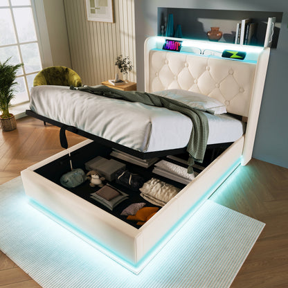 Polsterbett einzelbett, 360-Surround-LED-Funktion, Drucktaste/App/Fernbedienung, 90*200 cm, weiß PU-Material Hydraulisches Lagerbett, gepolstertes Kopfteil mit USB Typ-C Ladefunktion (Ohne Matratze)
