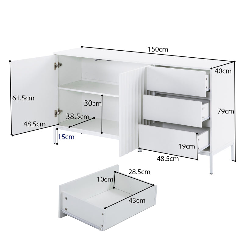 1.5m weißes modernes minimalistisches Sideboard, Aufbewahrungsschrank, Wellenmuster-Design, verstellbare Einlegeböden, 3 Schubladen, geeignet für Küche, Wohnzimmer, Korridor und andere Multi-Szene