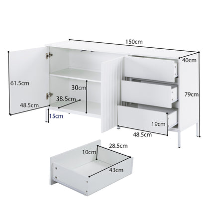 1.5m weißes modernes minimalistisches Sideboard, Aufbewahrungsschrank, Wellenmuster-Design, verstellbare Einlegeböden, 3 Schubladen, geeignet für Küche, Wohnzimmer, Korridor und andere Multi-Szene