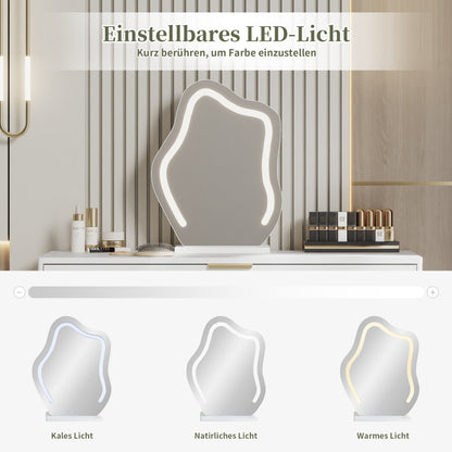 Schminktisch mit LED-beleuchtetem Spiegel, Weißes Schminktisch-Set mit ausziehbarem Design, moderner Kosmetiktisch für das Schlafzimmer  - Maße:B100/H78/T40 cm (ohne Hocker)