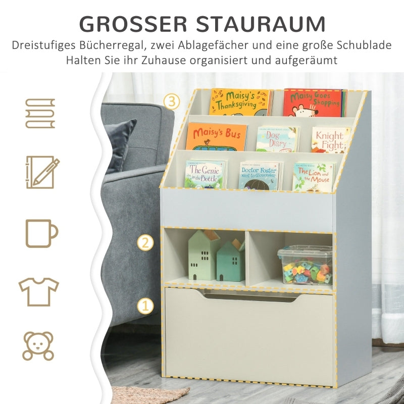 Kinder Bücherregal Kinderregal mit Schublade, 3 Ablagefächern und 2 offenen Fächern, Aufbewahrungsregal für Kinderzimmer, Spielzimmer, Grau