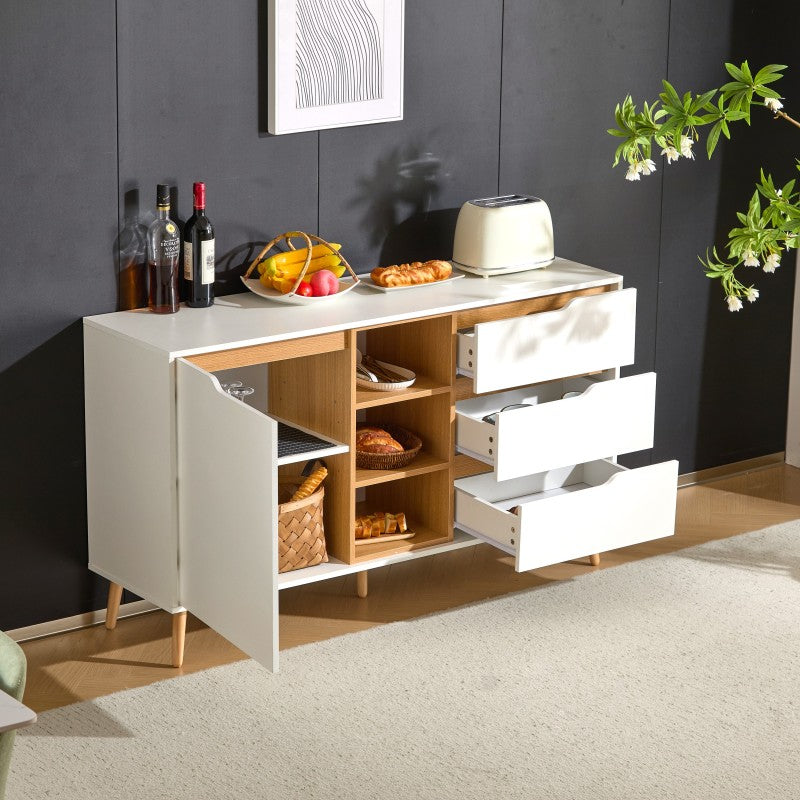Modernes weißes Sideboard mit Einlegeböden, 3 Schubladen und offenem Stauraum, mit Kippschutz-Design – geeignet für Küche, Esszimmer und Wohnzimmer