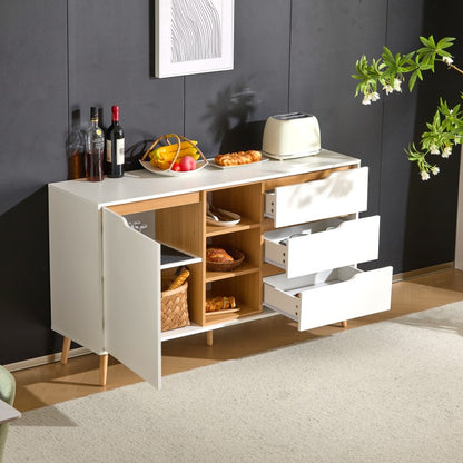 Modernes weißes Sideboard mit Einlegeböden, 3 Schubladen und offenem Stauraum, mit Kippschutz-Design – geeignet für Küche, Esszimmer und Wohnzimmer