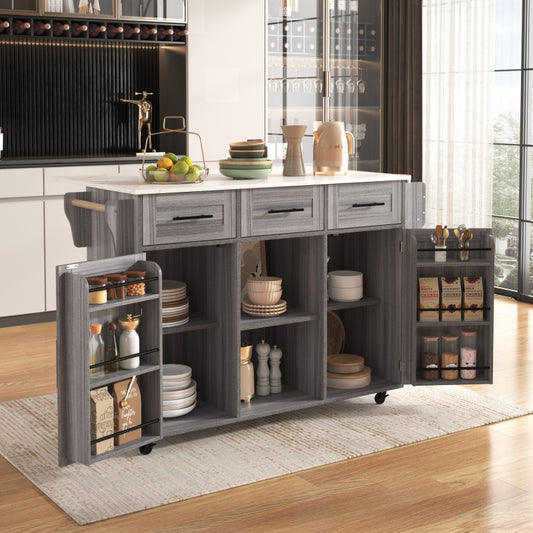 139x46(71)x91.5 cm großer Servierwagen/Beistellschrank, graues Massivholz-Furnier für den Korpus + weiße Marmor-Furnierdekoration für die Arbeitsplatte, Schrank/klappbare Arbeitsfläche/Stauraumtüren/r