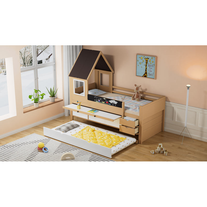 Etagenbett, Baumhausbett mit Schubladen und Ausziehbett, Mit Ausziehtisch, Reichlich Stauraum, Holzbett mit Fenster, Rahmen aus Kiefer, Graffiti-Tafel, Kiefer+MDF, weiß+Natur, 90x200&90*190cm