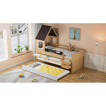 Etagenbett, Baumhausbett mit Schubladen und Ausziehbett, Mit Ausziehtisch, Reichlich Stauraum, Holzbett mit Fenster, Rahmen aus Kiefer, Graffiti-Tafel, Kiefer+MDF, weiß+Natur, 90x200&90*190cm