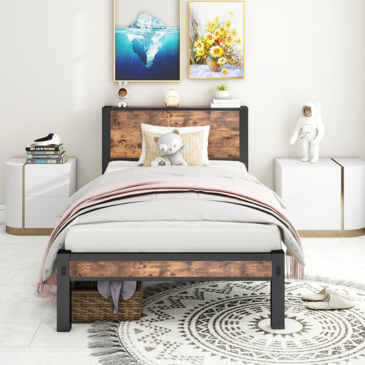 90x200 cm Metallgestell mit Stauraum-Kopfteil, Einzelnes Metall-Plattformbettgestell, Geräuschfrei, Metalluntergestell, Ohne Boxspring Notwendig, Vintage Braun