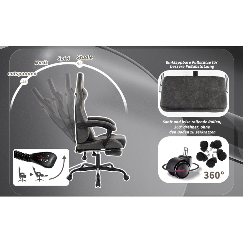 Gaming Stuhl Computerstuhl Ergonomischer Gaming Chair mit Fußstütze Bürostuhl Ergonomischer Computerstuhl mit Lendenwirbelstütze Grey