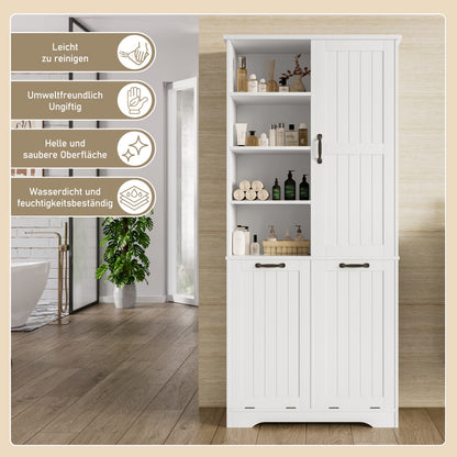 78 x 35 x 172 cm Badezimmerschrank, feuchtigkeitsbeständige Farbe, doppelter Wäschekorb, vier offene Fächer, eine Tür, drei Fächer in der Tür, verstellbare Regale, viel Stauraum, weiß