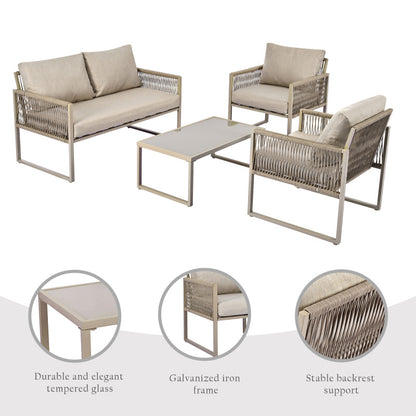 Garten-Lounge-Set mit verzinktem Eisenrahmen, Gartenmöbel-Set aus Seil, Lounge-Set aus khakifarbenem Seil mit Sitzkissen, verstellbaren Füßen, glatter Glasplatte, 4er-Set, inklusive aller Kissen