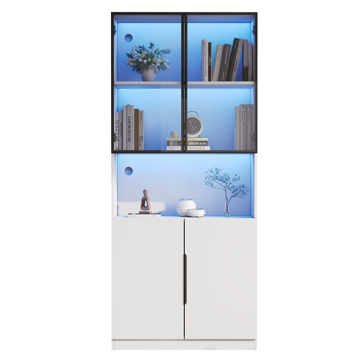 Moderne Vitrine Weiß 80x30x200cm - Glasschrank mit LED-Beleuchtung, Einstellbare Helligkeit & Farbtemperatur, Bücherregal für Sammlerstücke, weiß