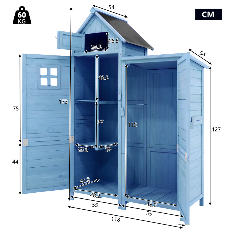 Gerätehaus Gartenschrank Geräteschuppen Geräteschrank, BxT: 118x54 cm, 118 x 54 x 173 cm (BxTxH), wetterfest, Holz, Blau, PVC-Dach (Set, 1 St., 1 x Geräteschrank)