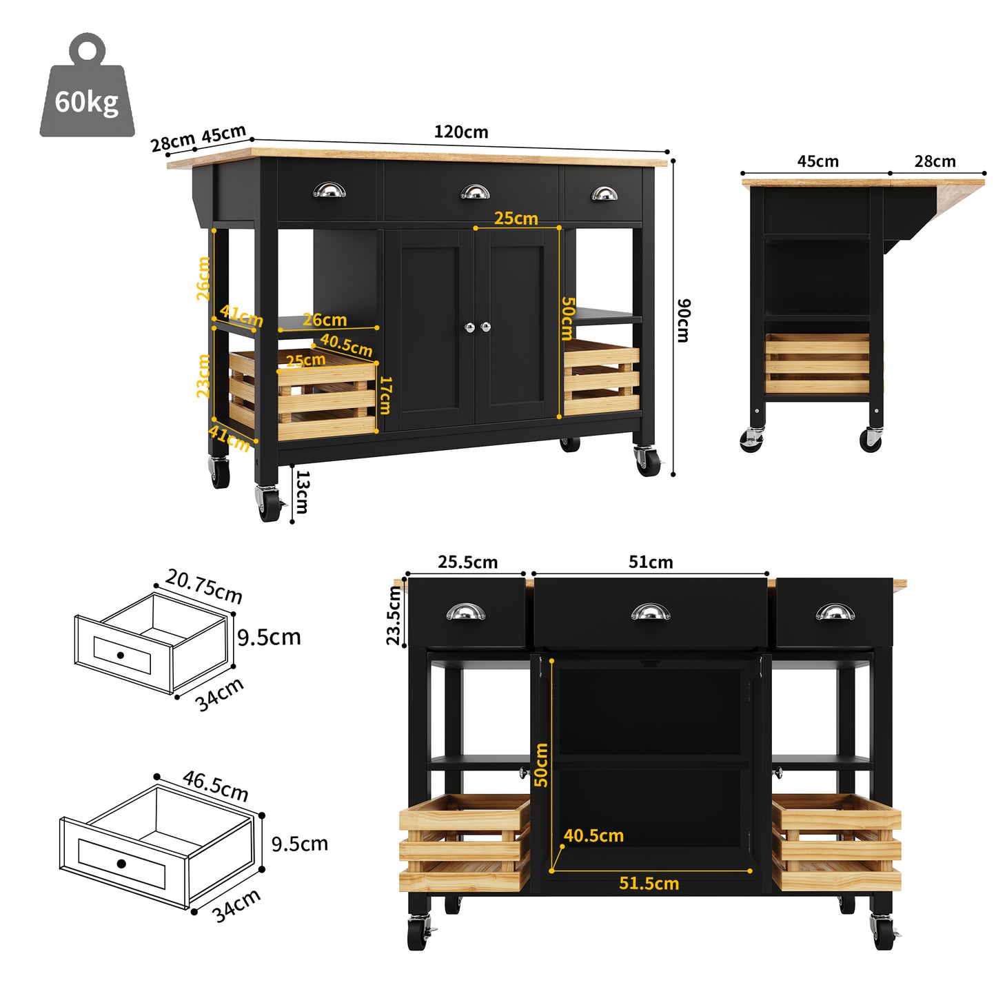 Moderne Kücheninsel Küchenschrank mit Kiefernkorb 120x45x90cm Multifunktions Esstisch Servierwagen Holzmaserung Aufbewahrungskorb Schwarz