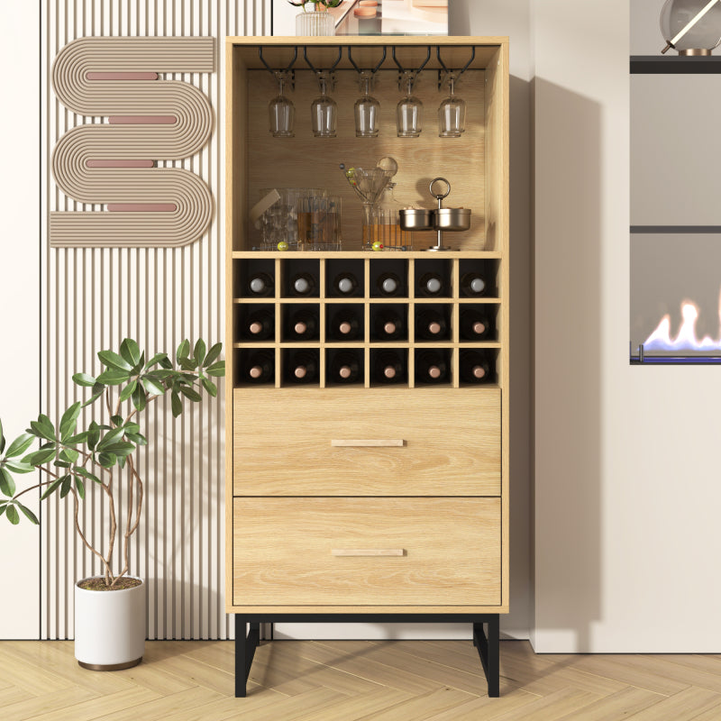 Sideboard, Stilvoller Weinschrank mit zwei Schubladen, 18 Fächern und Gläserhalterung – Mattschwarze Metallfüße – Perfekt für Weinliebhaber
