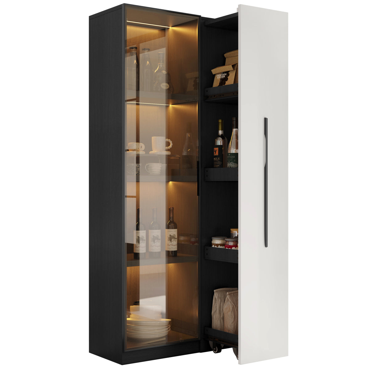 Multifunktionsschrank 70x40x160cm - LED Vitrine mit Glastür aus gehärtetem Glas & Aluminiumrahmen, Seitenauszug auf Rollen, Schwarz-Weiß