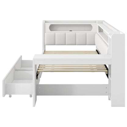 Gepolstertes 90x200 Daybed mit USB-Anschlüssen und LED-Gürtel, mit Schreibtisch und 2 Schubladen, weiß