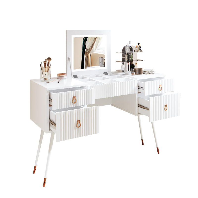 Weißer Schminktisch(Ohne Stühle), Enthält LED-Spiegel mit einstellbarer Helligkeit, luxuriösem vergoldetem Zubehör und mehreren Stauräumen, mit 4 Schubladen, Schreibtisch univer, Weiß