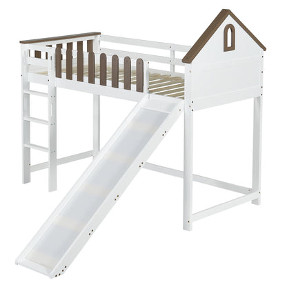 Hochbett, Mit Dach und Fenster, Mit dreistufiger gerader Leiter, Jugendbett, Kinderbett mit Rutsche,  Kiefer+MDF, Weiß+Walnuss, 90x200cm