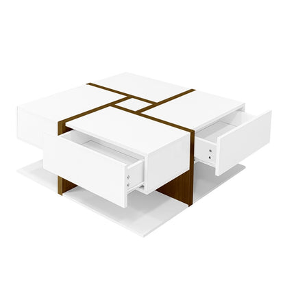 Hochglanz-Couchtisch, Tisch mit 4 Schubladen, einzigartige Farbabstimmung und Liniendesign, Stauraum unten. 78*78*34,8cm