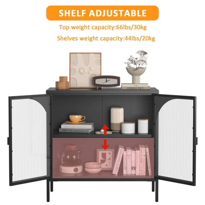 Metallseitenbrett-Schrank, Akzent-Speicherschrank mit 2 Glasklappen, Moderner Kaffebar-Schrank mit Einstellbaren Regalen für Küche, Wohnzimmer und Flur, eisenhaltig, H80cm×B80cm×T35cm