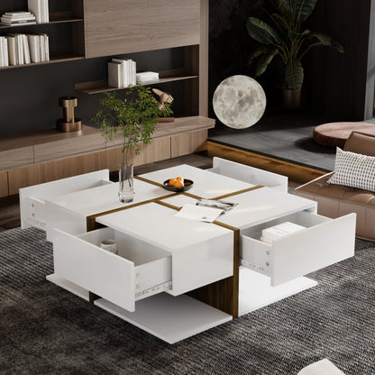 Hochglanz-Couchtisch, Tisch mit 4 Schubladen, einzigartige Farbabstimmung und Liniendesign, Stauraum unten. 78*78*34,8cm