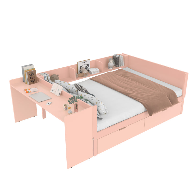 Flachbett, Holzbett, 140x200cm, mit Schreibtisch, ausgestattet mit 2 Schubladen, Doppelbett(Ohne Matratze), mit Regalen, Kiefer + Spanplatte, Rosa