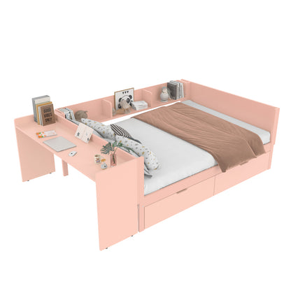 Flachbett, Holzbett, 140x200cm, mit Schreibtisch, ausgestattet mit 2 Schubladen, Doppelbett(Ohne Matratze), mit Regalen, Kiefer + Spanplatte, Rosa