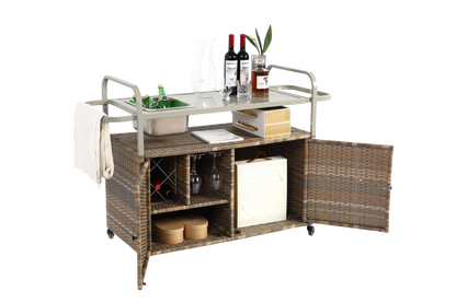 Outdoor Bar Table, Wicker Bar Cart with Cabinet, Patio Serving Cart with steel Top, with one ice bucket,Lockable Wheels, Side Basket for Garden, Poolside & Backyard, Beige