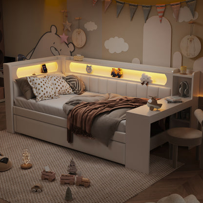 Gepolstertes 90x200 Tagesbett mit USB-Anschlüssen und LED-Gürtel, mit Ausziehbett und Schreibtisch, Weiß