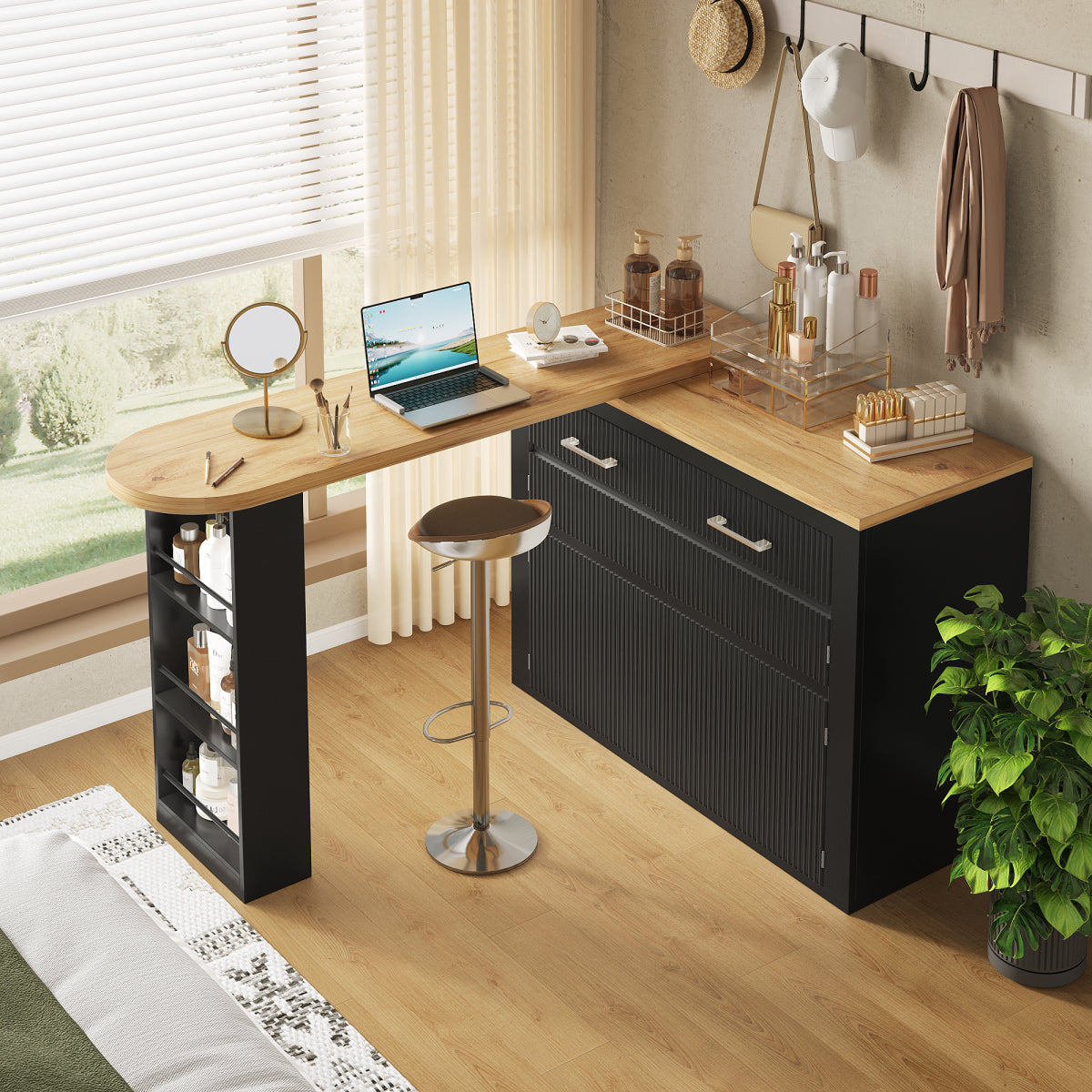 Ausziehbarer Bartisch Schwarz (137-215cm) - Moderner Teleskop-Hochtisch mit Schublade & Regalen - Bewegliche Kücheninsel & Bistro Table