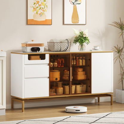 Elegantes Sideboard 150Lx40Bx80H cm, weiß, Arbeitsplatte aus Marmor, goldene Zierleiste - Moderner Stauraumschrank mit Glas- und Holzfächern